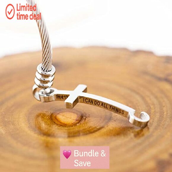 Stainless Steel Cross Bangle Bracelet with Inspirational Message - Picture 4 of 4